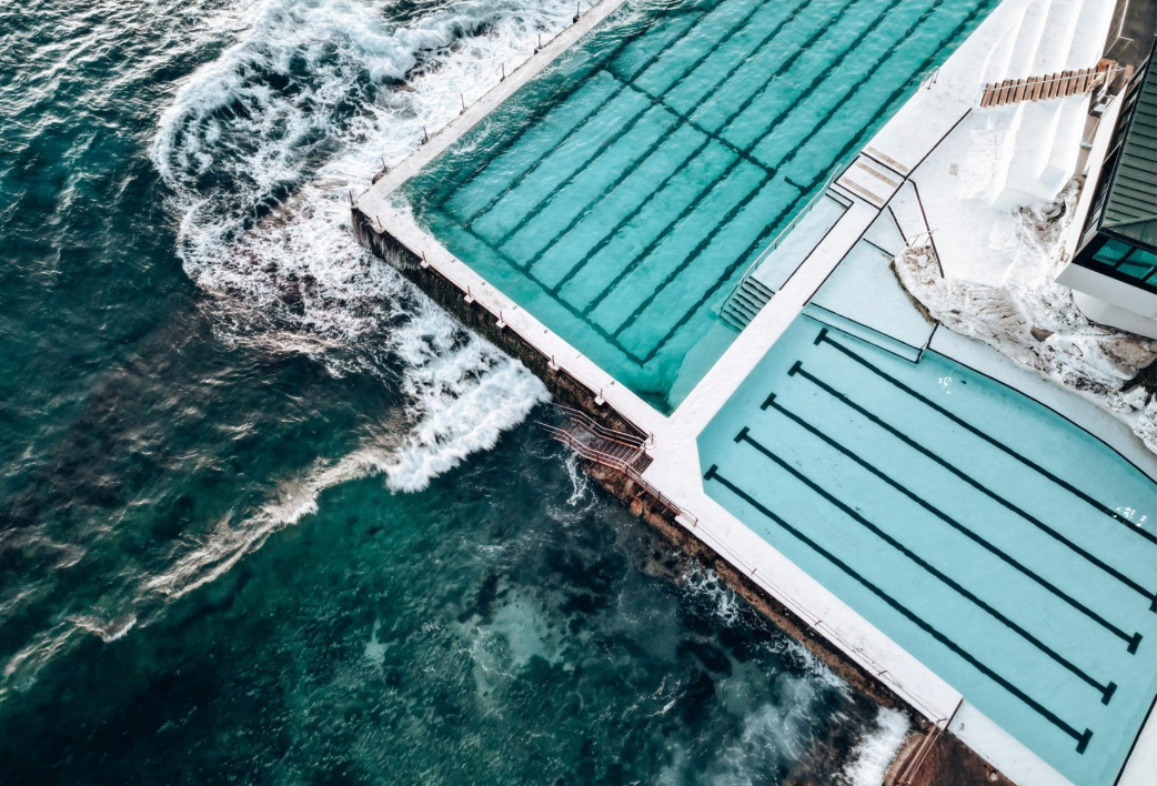 Aerial view of Bondi Icebergs Reflections coastal wall art print